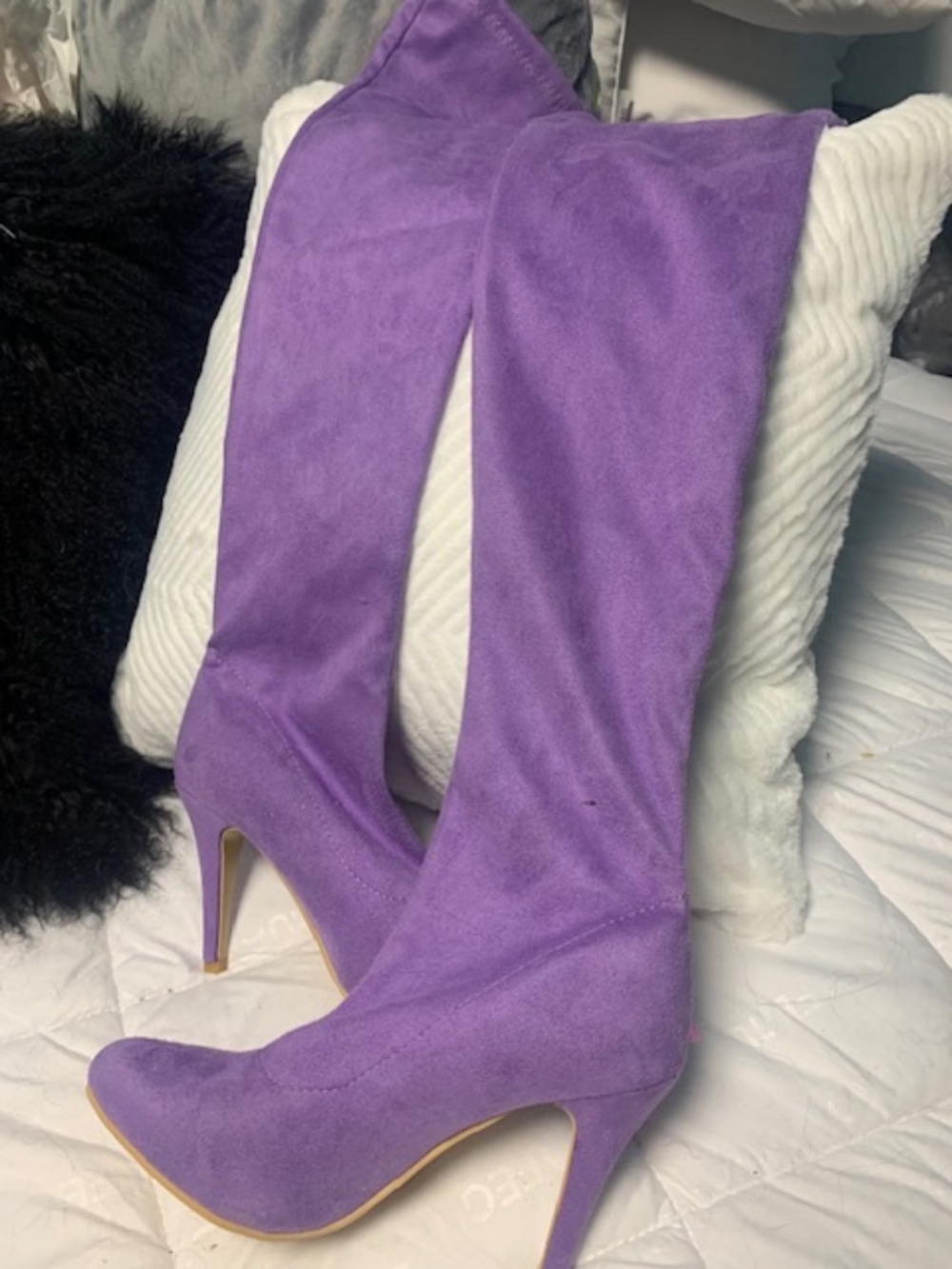 Lilac suede over the knee boots